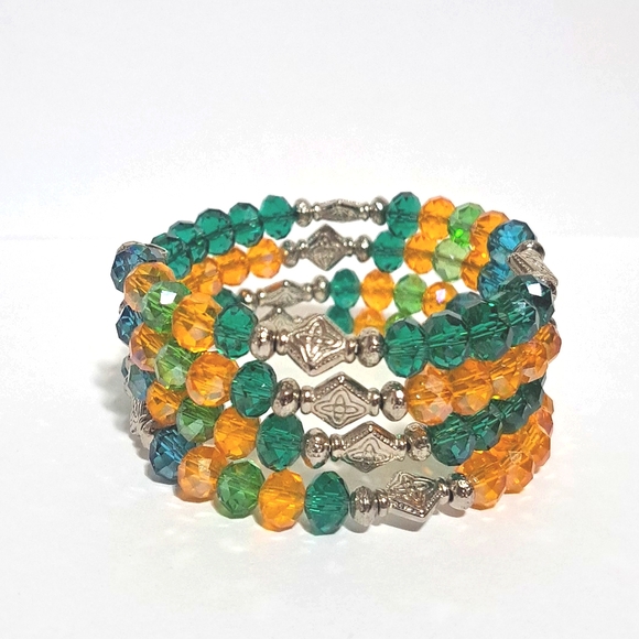 Beaded Wrap Bracelet - Orange & Green Crystals & Pewter Beads - Bohemian Jewelry - Picture 1 of 2